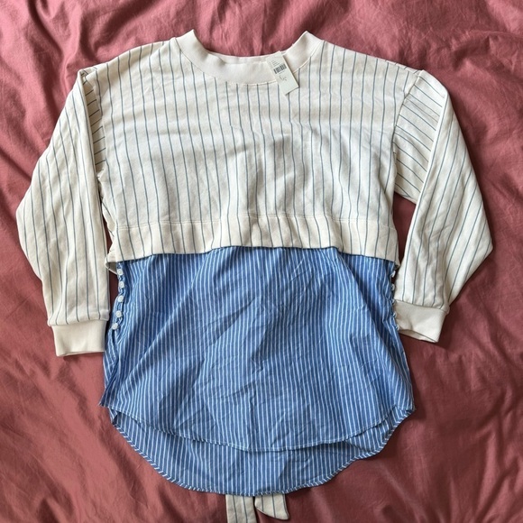 NWT Anthropologie Striped Cream White Blue Bow Tie Long Sleeve Twofer Small - Picture 5 of 7